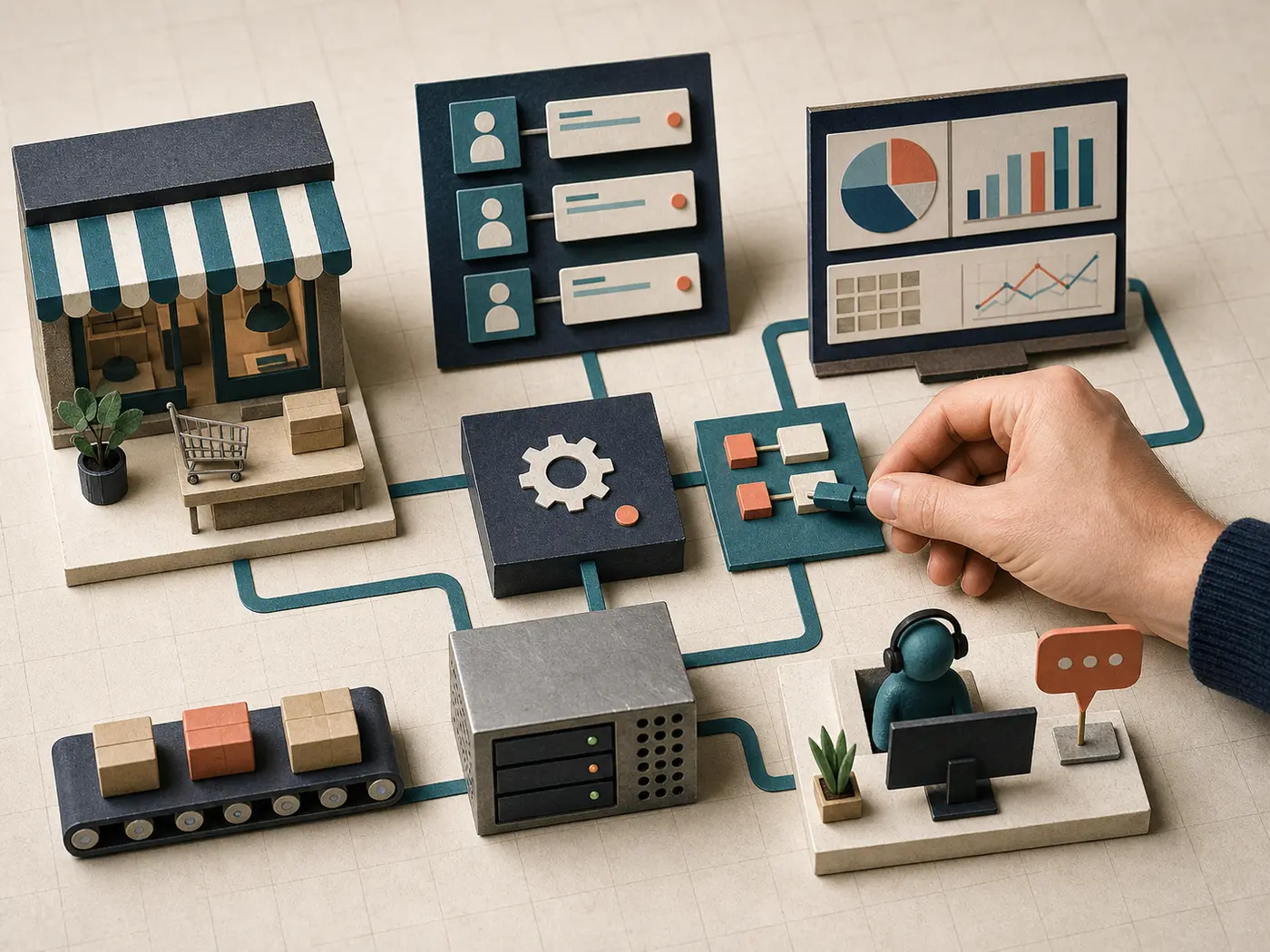 A physical model connecting a storefront with CRM, automation, data and support systems