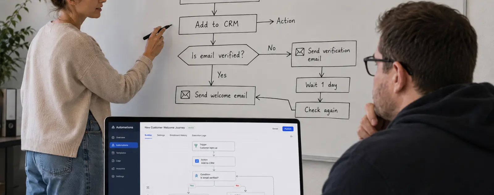 Team planning an automation workflow beside a CRM and AI-assisted process