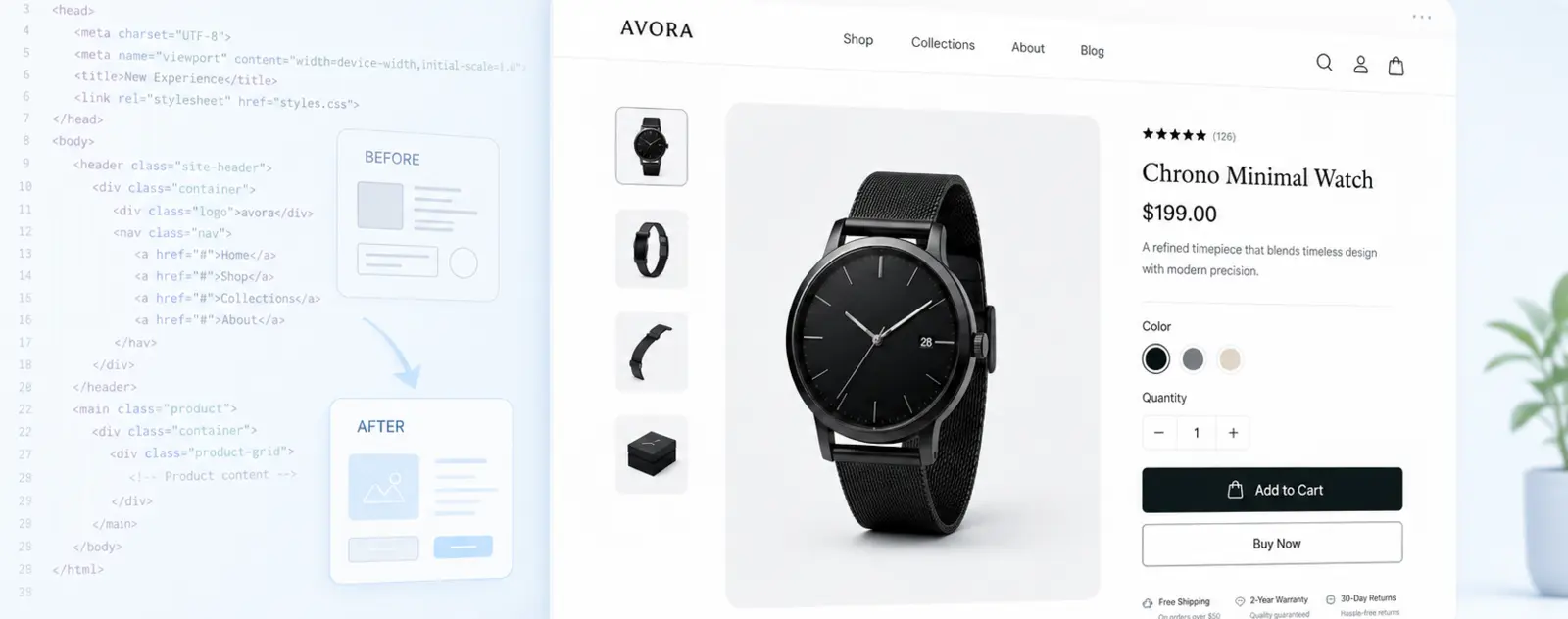 Website-Code und der fertige Online-Shop gemeinsam dargestellt